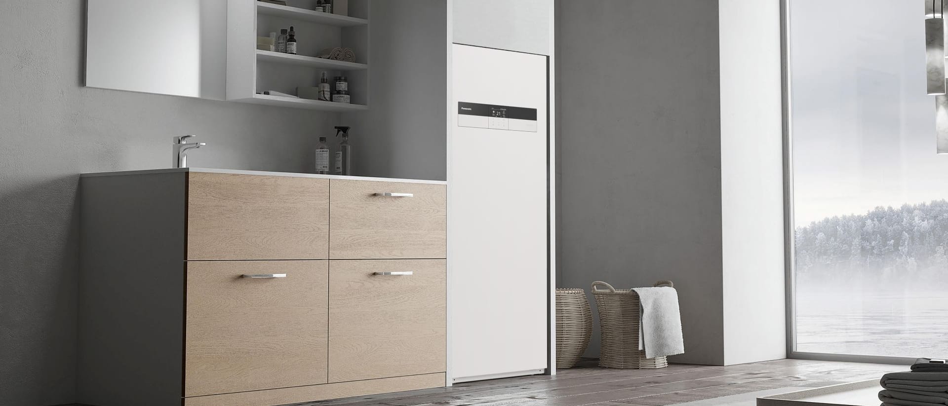 Panasonic Aquarea High Performance All in One K WH-ADC0309K3E5AN + WH-UDZ03KE5 šilumos siurblys oras-vanduo – baltas modulis su 185 l talpa šviesioje vonioje