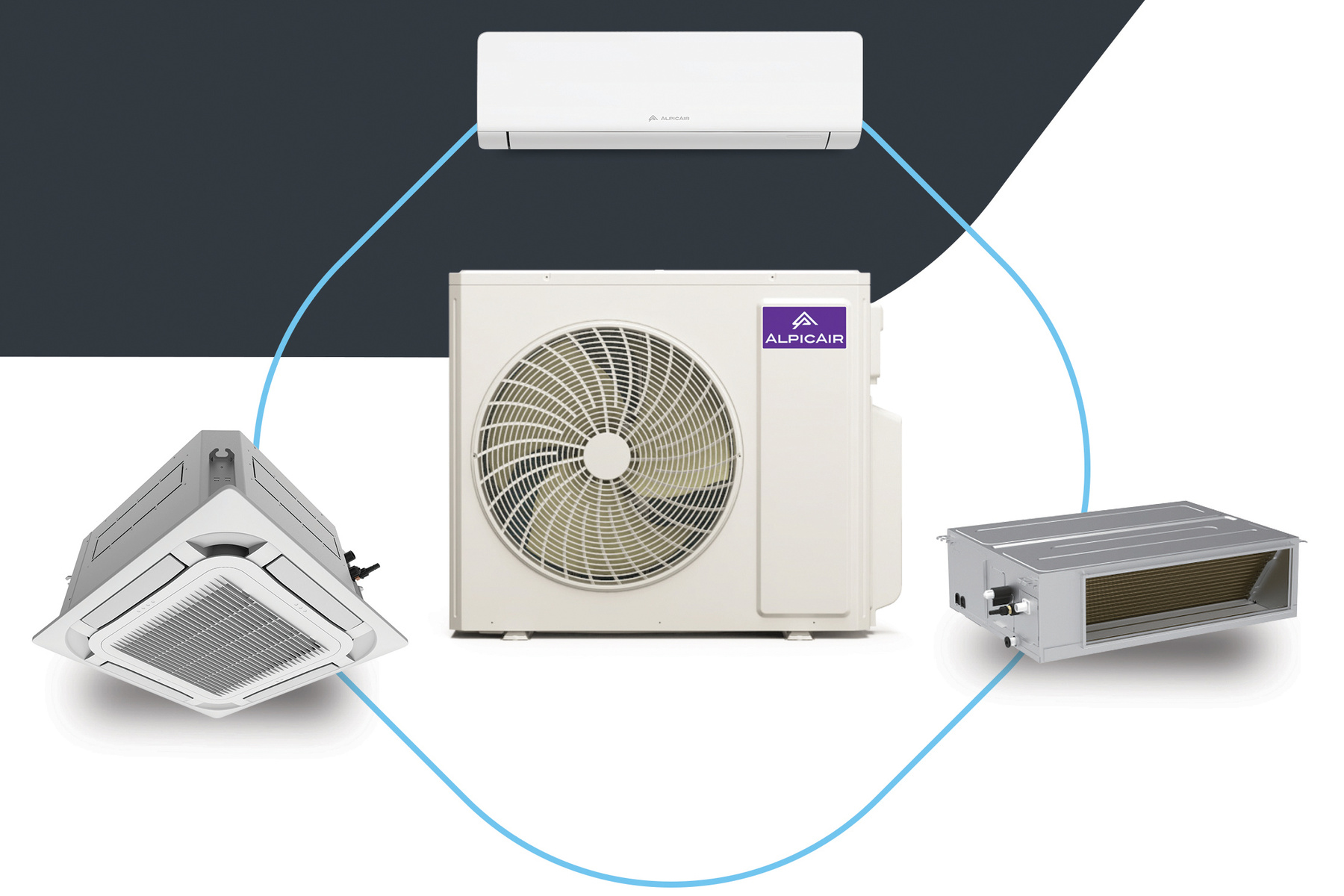 AlpicAir multi PRO II sistema: lauko blokas ir vidiniai blokai, tokie kaip AlpicAir Premium PRO III AWI-26HRDC1G, keliuose kambariuose
