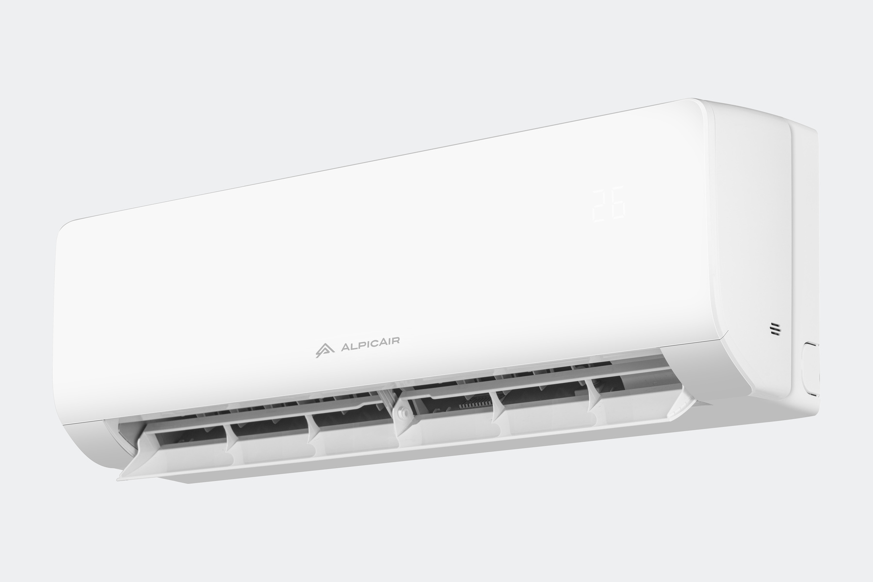 AlpicAir Premium PRO III AWI-26HRDC1G + AWO-26HRDC1G vidinis blokas kampu su atvertomis mentelėmis ir LED ekranu – 3D oro srautas