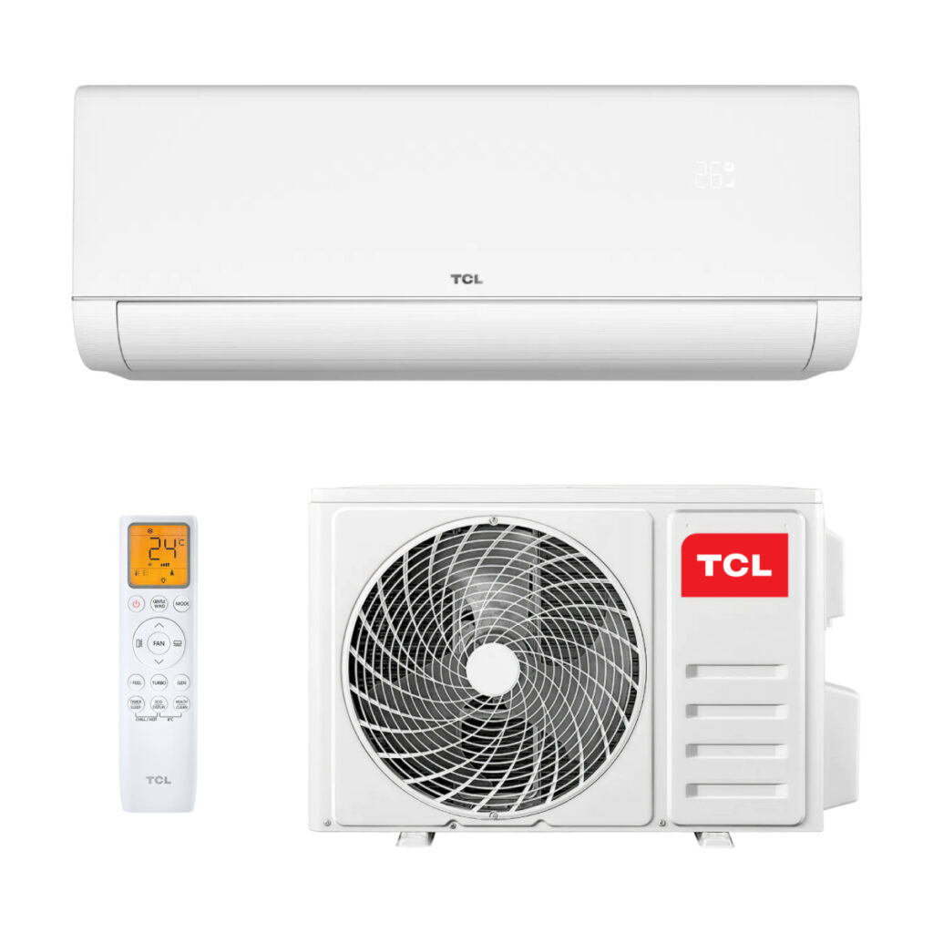 TCL BreezeIN 2.0 šilumos siurblys oras-oras – vidinis blokas, lauko blokas ir nuotolinio valdymo pultelis