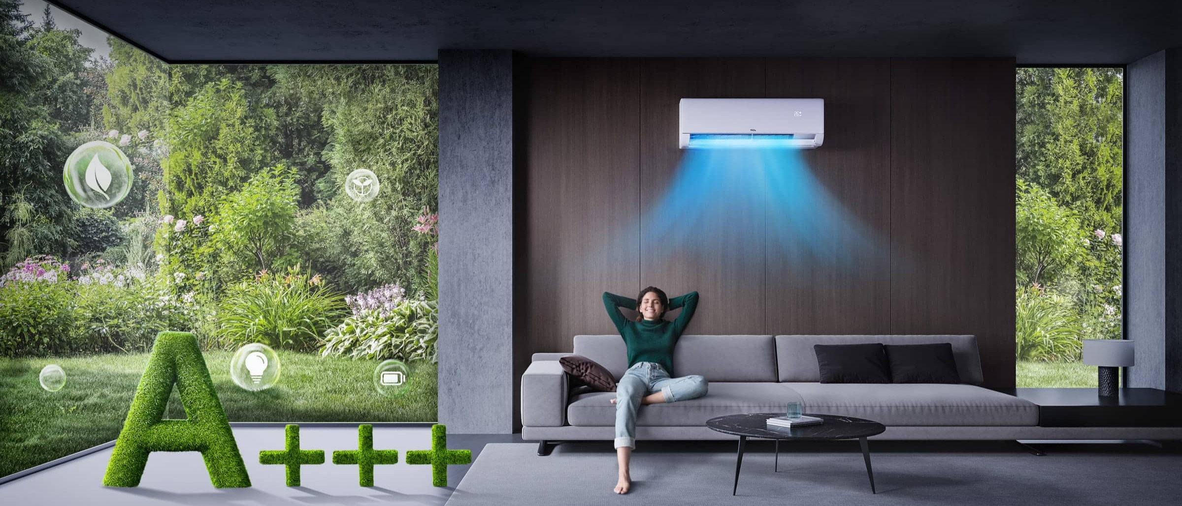TCL BreezeIN 2.0 TAC-09CHSD/UG11V3A šilumos siurblys oras-oras – baltas sieninis vidinis blokas svetainėje, švelnus vėsus srautas