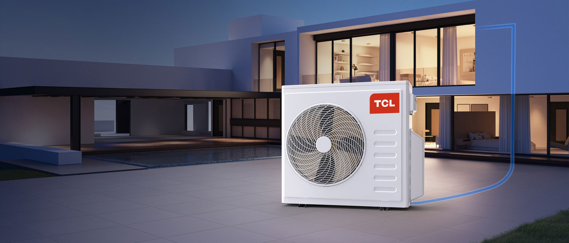 TCL multi-split FMA-18I2HD/DVO lauko blokas prie modernaus namo terasos – vienas blokas visiems kambariams