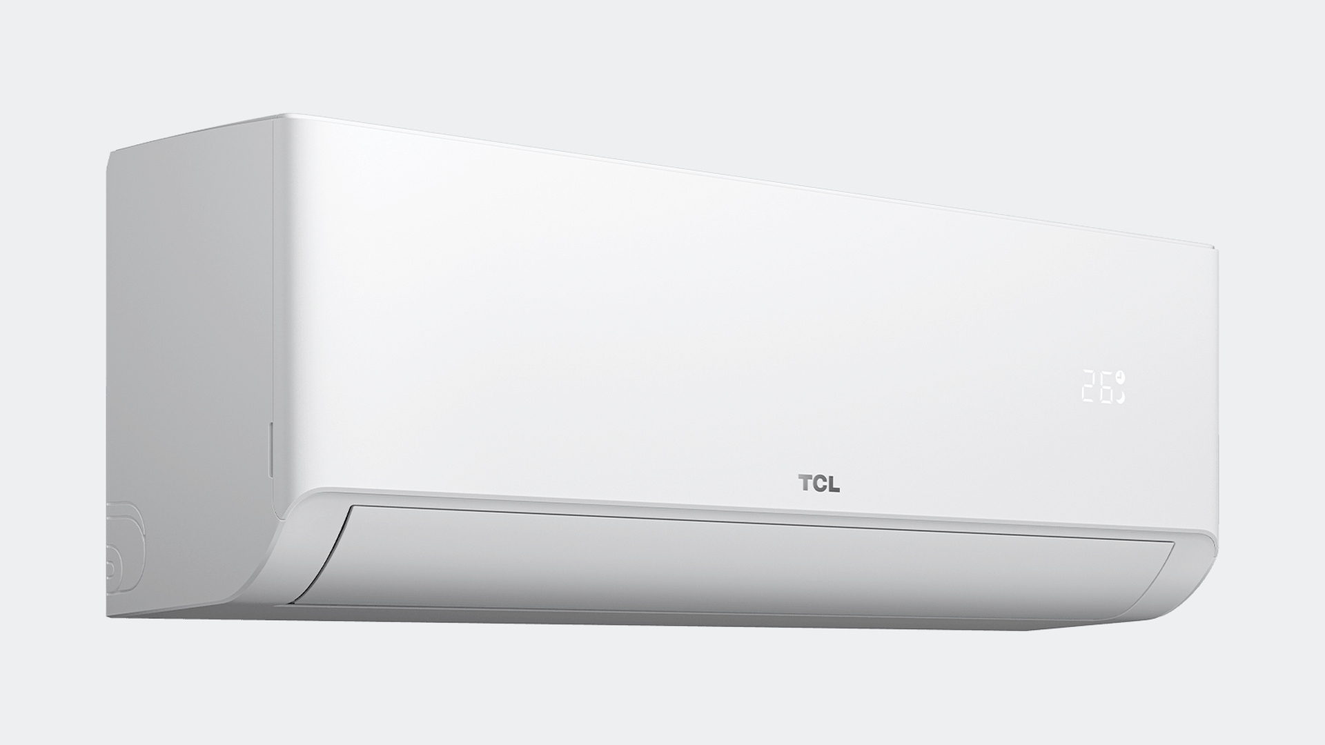 TCL SaveIN TAC-12CHSD/ZG11 oro kondicionierius – baltas vidinis blokas kampu, lakoniška priekinė panelė su temperatūros ekranu